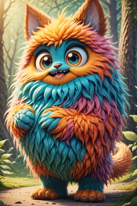 （best quality），super fine，lifelike，3d rendering，cute furry monster，cute eyes，cartoonish style，colorful fur，mischievous expressio...