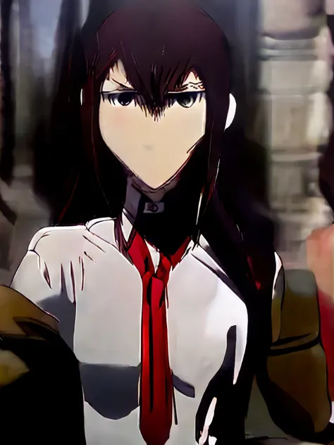 White long hair, red pupils, looking back, holding a katana in her left hand, standing, white dress, black bracelet, black bow headband, expressionless face, black scabbard 