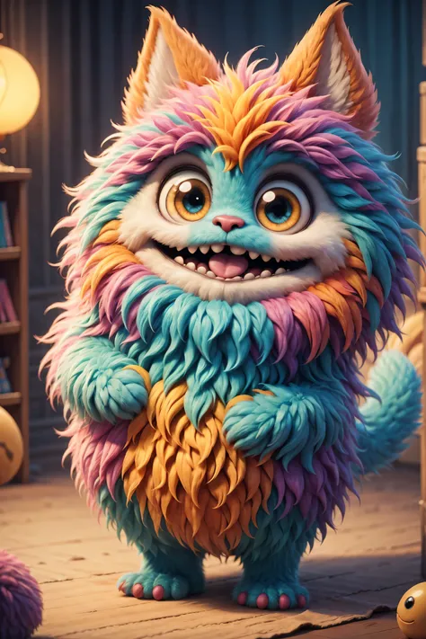 (best quality,high resolution:1.2),super detailed,actual,3d rendering,cute furry monster,cute eyes,cartoonish style,colorful fur...