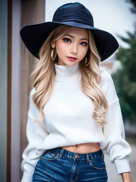 very beautiful asian girl,alone,mature girl,路上でalone,white turtleneck long sleeve sweater,denim short,shiny black ocean hat(very...