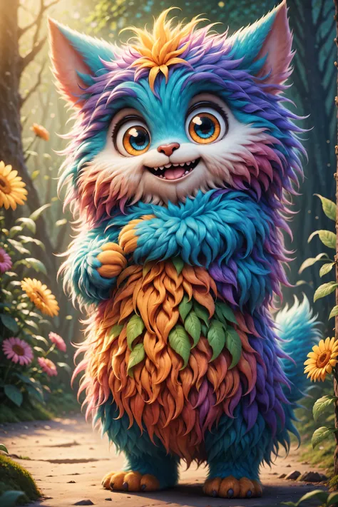 (best quality,high resolution:1.2),super detailed,actual,3d rendering,cute furry monster,cute eyes,cartoonish style,colorful fur...