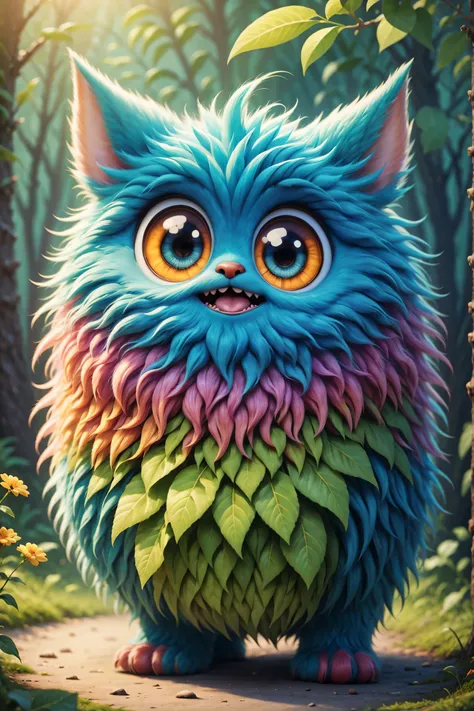 （best quality），super fine，lifelike，3d rendering，cute furry monster，cute eyes，cartoonish style，colorful fur，mischievous expressio...