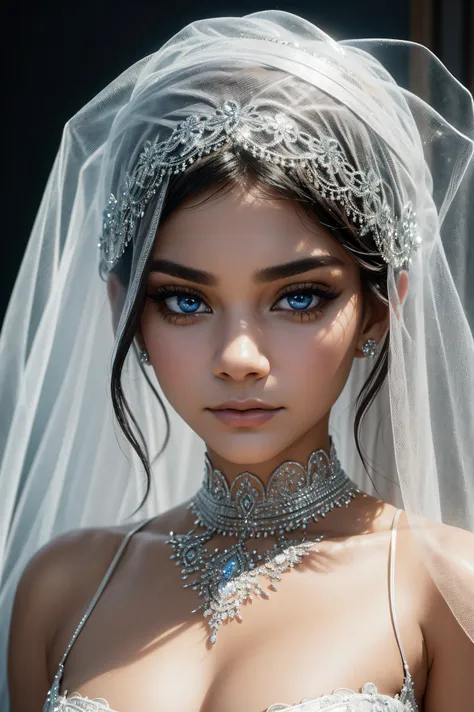 Vanessa Anne Hudgens, wearing veil bride costume transparent. professionally retouched, soft lighting, realistic, smooth face, perfect eyes, sharp focus on eyes, 8 k, high definition, insanely detailed, intricate, elegant. in a natural background.