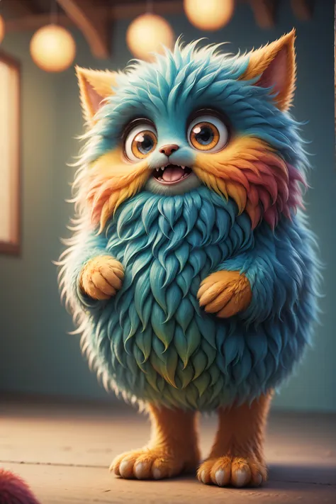 （best quality），super fine，lifelike，3d rendering，cute furry monster，cute eyes，cartoonish style，colorful fur，mischievous expressio...