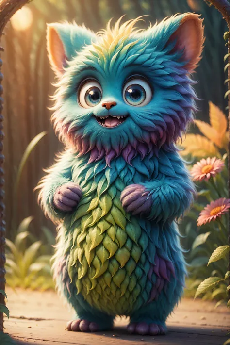 （best quality），super fine，lifelike，3d rendering，cute furry monster，cute eyes，cartoonish style，colorful fur，mischievous expressio...