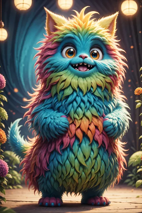 (best quality,high resolution:1.2),super detailed,actual,3d rendering,cute furry monster,cute eyes,cartoonish style,colorful fur...