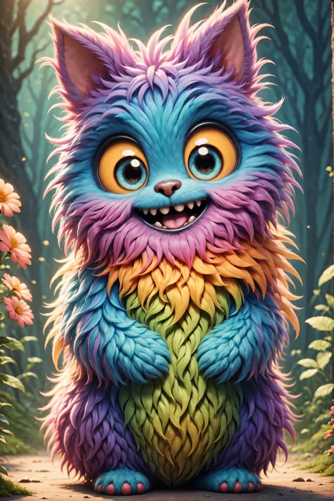 (best quality,high resolution:1.2),super detailed,actual,3d rendering,cute furry monster,cute eyes,cartoonish style,colorful fur...