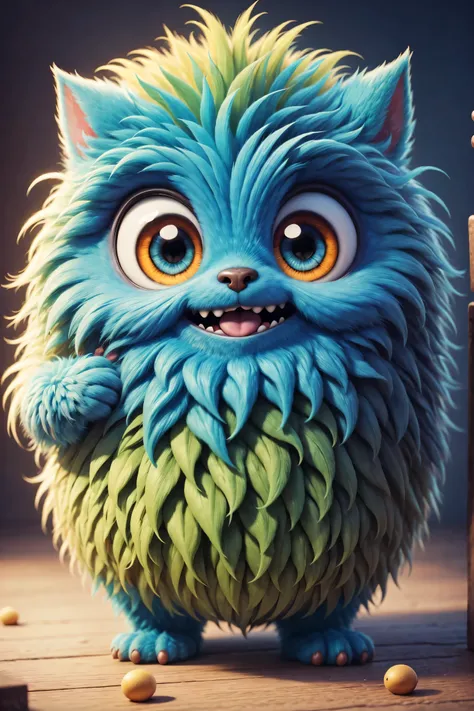 (best quality,high resolution:1.2),super detailed,actual,3d rendering,cute furry monster,cute eyes,cartoonish style,colorful fur...