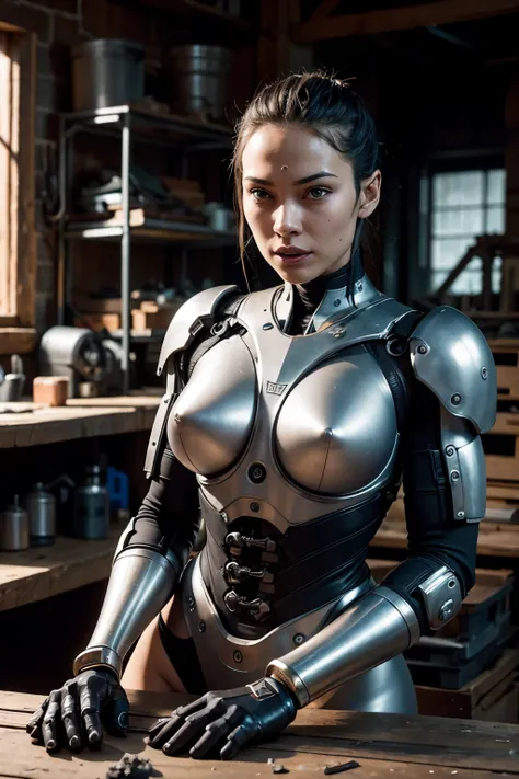 Cyborg, mechanical body, mechanical arms and legs, old armor, sitting on a workbench in an old workshop, cyberpunk, eye contact, looking at viewer, masterpiece, best quality, perfect detail, perfect face detail, perfect eye detail, perfect skin detail, dep...