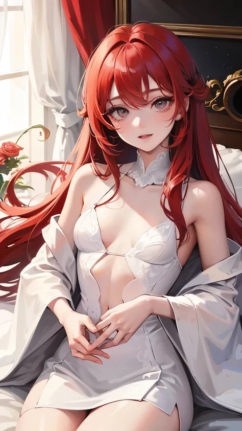 Red long hair, sunshine, masterpiece work, best quality, high resolution;,detail enhancement，best quality，perfect image quality，Beautiful and sexy, One-person viewpoint, small spots under the eyes , pretty, 큰 chest, 8K, ,chest 크게, pure white skin, chest, a...