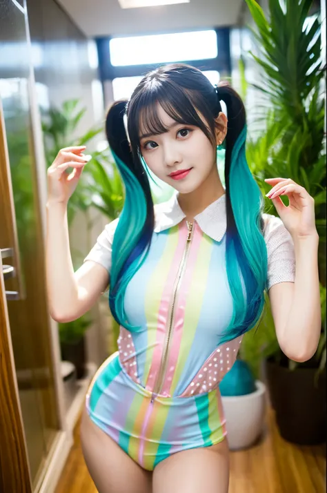 swimsuit、cute rainbow colored hair, idol sculpture, With iridescent hair, ribbon in her hair, idol face、26 year old female, Happy, With twin tails, Perfect symmetrical eyes,green eyes、 clear shining blue eyes, white skin, Silky smooth skin, stand on someth...