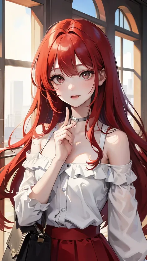 Red long hair, sunshine, masterpiece work, best quality, high resolution;,detail enhancement，best quality，perfect image quality，Beautiful and sexy, One-person viewpoint, small spots under the eyes , pretty, 큰 chest, 8K, ,chest 크게, pure white skin, chest, a...