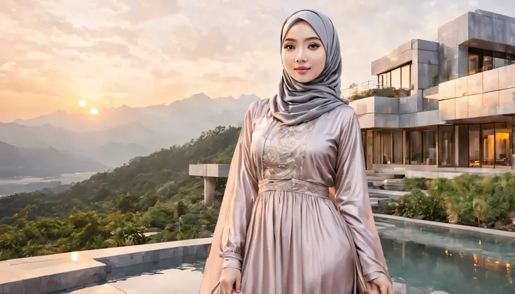 a woman, asian girl, wear hijab and long dress, sunset color palette, hijabdress, standing in front modern sci-fi house build fr...