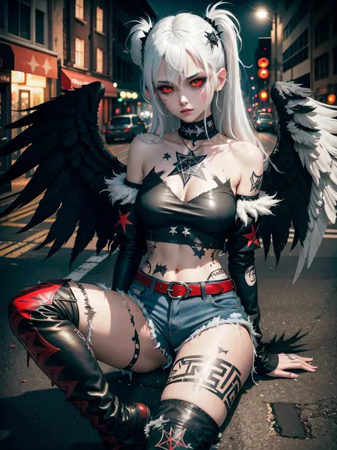 the fallen angel，black wings，five-pointed star，white hair，red pupils，tattered off-shoulder shirt，Denim shorts，tattoo，boots，night，Neon Street