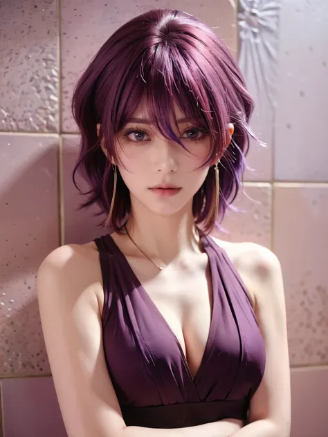 1girl, solo, breasts, blush, short hair, bangs, cleavage, medium breasts, closed mouth, collarbone, upper body, purple hair, nose blush, crossed arms, spiked hair, genderswap, covering, genderswap (mtf), covering breasts, tiles, retro artstyle, tile wall