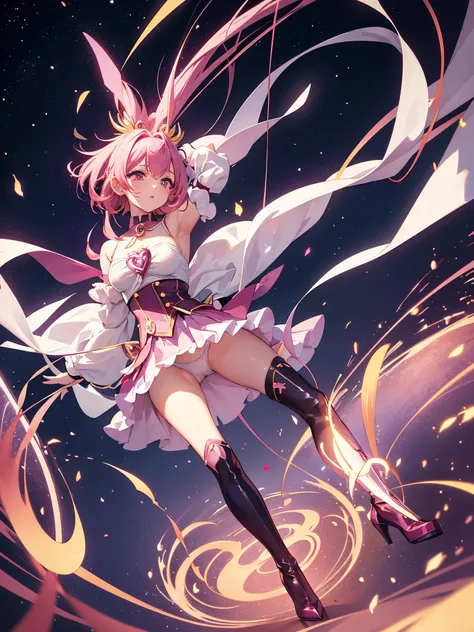 magenta hair, golden eyes, ((magical girl)), long boots, 美少女, ((单人)), ((upskirt)), pink dress, bdsm, ((spread legs)), ((white panties)), bound