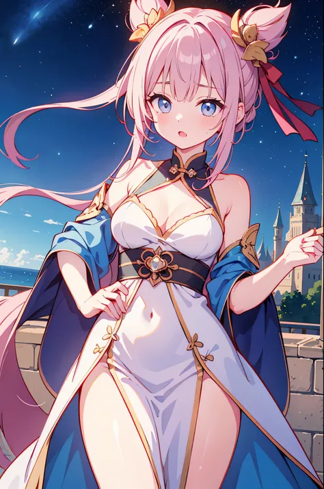 （masterpiece）、(highest quality)、((Super detailed))、(super delicate)、naughty chinese princess、Pastel colors hair、beautiful breasts、gorgeous castle、Fantastic starry sky、Rainbow Ring