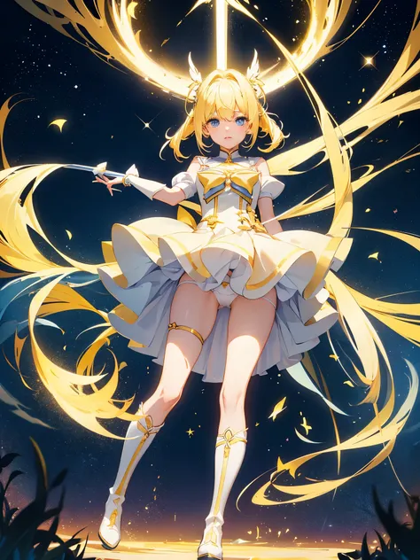 yellow hair, blue eyes, ((magical girl)), long boots, 美少女, ((单人)), ((upskirt)), yellow dress, bdsm, ((spread legs)), ((white panties)), ((紧缚)), ((抬腿))