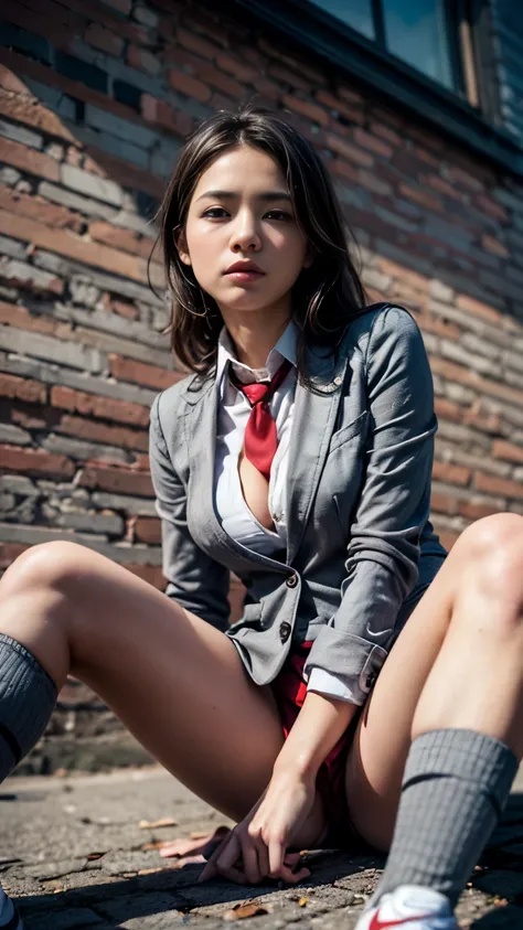 (best quality,4k,8k,highres,masterpiece:1.2),ultra-detailed,(realistic,photorealistic,photo-realistic:1.4), profesional photograph by dunitskiy david, natural light, portraits, a beautiful young japanese girl, 17 years old, wearing ((grey blazer, red neckt...