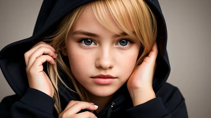 KIDS GIRL BLONDE in a black hoodie holding her head in her hands, KIDS girl wearing hoodie, in a black hoodie, close up portrait photo, gorgeous young model, in a hoodie, portrait black and white portrait, wearing a black hoodie