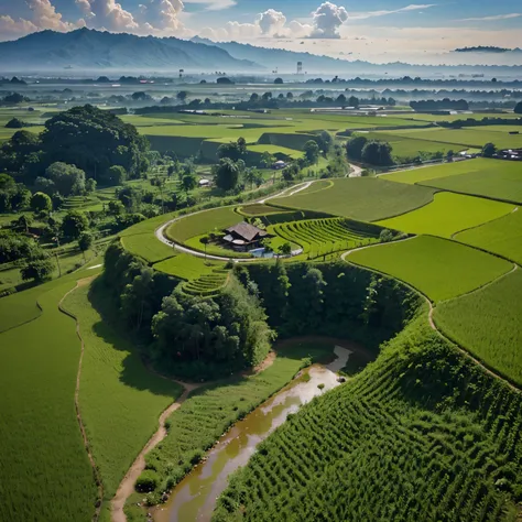 Gambarkan pemandangan alam yang terdiri dari gunung, sungai, sawah, pohon, rumah, awan, pak tani, 