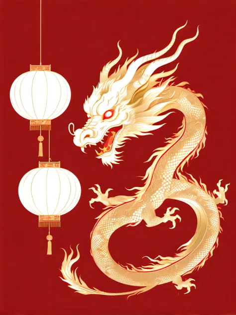 balgaviin white gold chinese dragon lantern, a style that emphasizes negative space, light red and gold, illustrations inspired ...