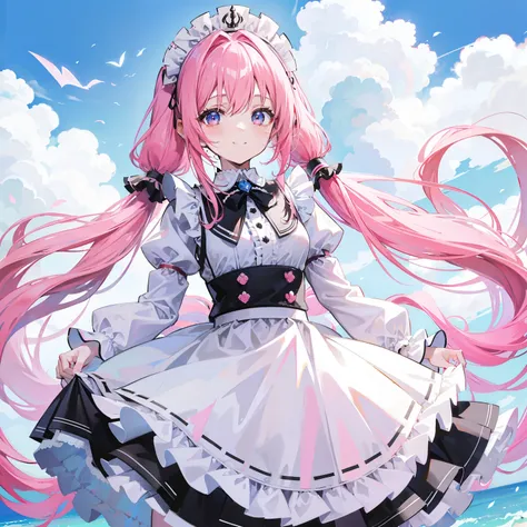 pink long hair，pinkhair,  blue sky,  low twintails, White and black maid clothes, smile, fine, Im a cute and cute girl，Transfer Sisters，Looks very light