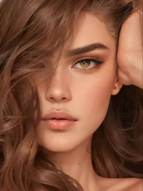 um close de uma mulher com longos cabelos castanhos e olhos castanhos, rosto sexy with full makeup, beleza de cair o queixo, bel...