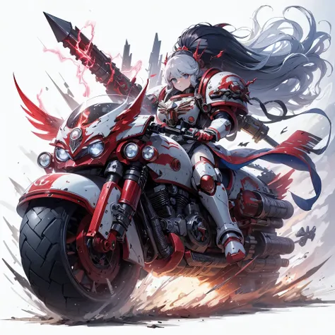 
Masterpiece, best quality, ultra-detailed, anime style, full body of space marine girl, white and red power armor with scimitar, black topknot hair, Riding a GIANT HUGE motorcycle, Warhammer 40K, supernatural Lightning and flame, ((red Lightning symbol)),...