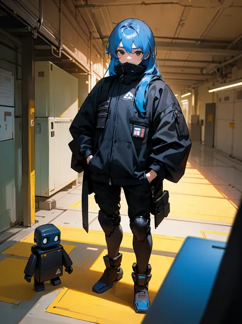 1male, blue hair, long hair, smooth hair, black eyes, black techwear clothing, holding laptop, little robots in background, garage, hand in pocket, hand holding remote, standing on path, masterpiece quality