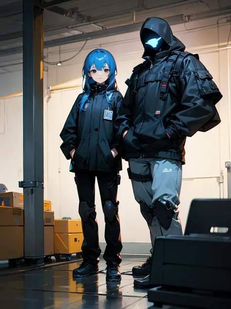 1male, blue hair, long hair, smooth hair, black eyes, black techwear clothing, holding laptop, little robots in background, garage, hand in pocket, hand holding remote, standing on path, masterpiece quality