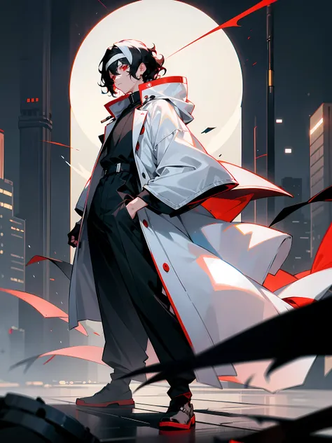 1male, adult, black hair, white hair, two-toned hair, wavy hair, short hair, white headband, red eyes, black jumpsuit, black baggy pants, white oversized coat, city, night, crowded, standing on path, masterpiece quality