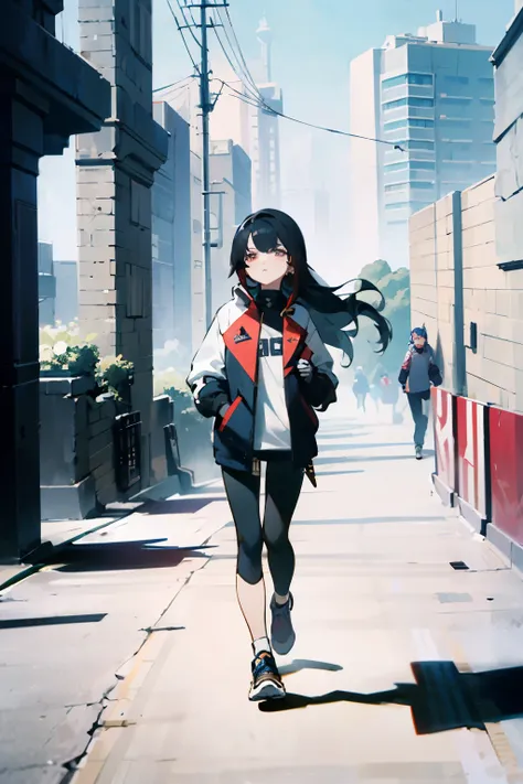 fashion magazine, a material girl，taking a walk, Looking at the camera, The dressing style of Genshin Impact characters, Long black hair，ear studs, racing gloves, Among the ruins of the city，tech wear, (ADIDAS), 巴黎世家的裤子, Future Style,add_detail:1