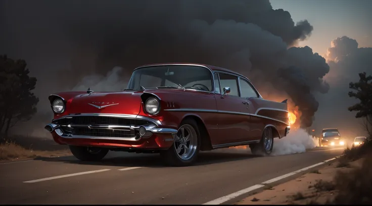  zoom view Generate a cinematic and realistic scene featuring a obra-prima, melhor qualidade um Red Chevy 57 com faróis acesos, um carro with lots of steam in little dark setting with foggy weather in the forest with dead trees 