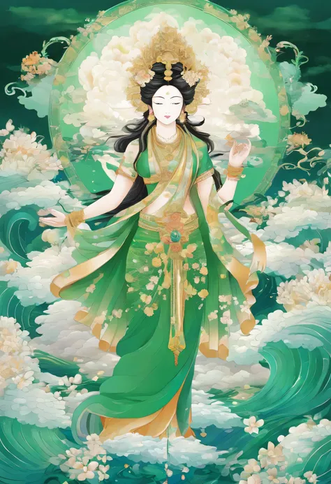 godess_green tara Full_body_ocean_diamonds_clouds_white flowers