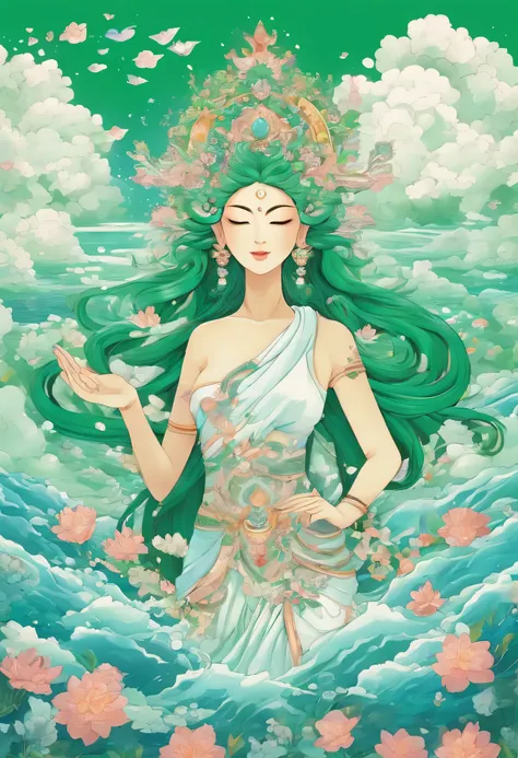 godess_green tara Full_body_ocean_diamonds_clouds_white flowers