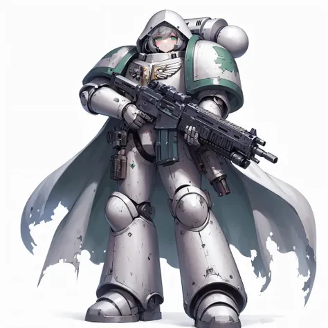 
Masterpiece, best quality, ultra-detailed, anime style, full body of space marine girl, pale gray power armor with green trim, held two-handed rifle, hooded and gasmask, wearing raised boots, Warhammer 40K, 8k high resolution, trending art station, white ...