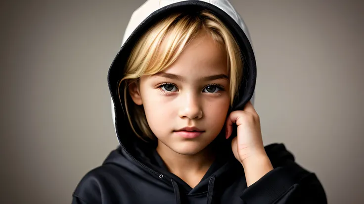 KIDS GIRL BLONDE in a black hoodie holding her head in her hands, KIDS girl wearing hoodie, in a black hoodie, close up portrait photo, gorgeous young model, in a hoodie, portrait black and white portrait, wearing a black hoodie