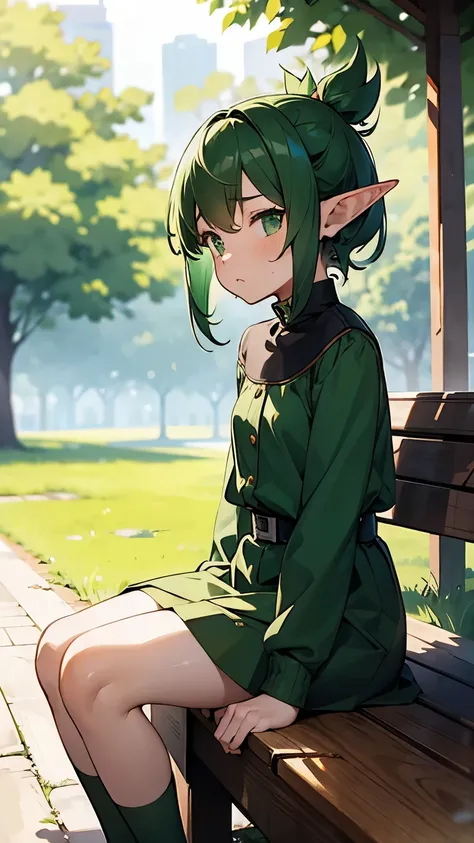 girl, short stature, elf ears, Emerald hair, Green Outfit,Sitting on a bench, tired and sweaty