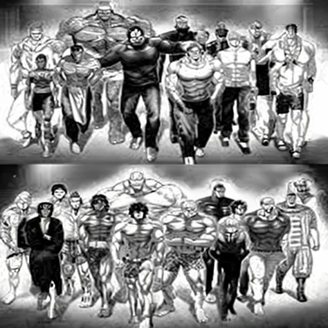 the avengers and their team of superheros, baki, baki style, hajime no ippo manga inspired, muscular characters, muscular!!, muscular!, baki the grappler, one punch man manga, black and white manga page, muscular!! sci-fi, black and white manga comic, blac...