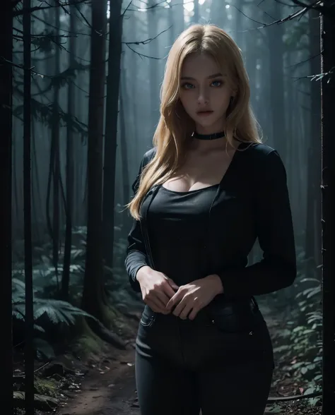 1girl, Blue eyes, (serious face), (in a dark and dense dark forest at night :1.4), gothic horror vibes, (Sana Minatozaki), wide hips, Big , big ass, (Best Quality, 8k, Masterpiece: 1.3), perfect hands, Clear Focus: 1.2, Perfect Body Beauty: 1.4, Highly det...