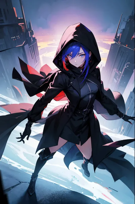 best quality,ultra-detailed (anime),shadow,gender-swapped characters,black coat with hood,vivid colors,fantasy lighting,creative composition,sharp focus,dramatic atmosphere