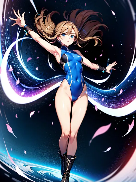 (((pixel-perfect, detail-perfect))), 1girl, superhero, leotard, highleg leotard, bare legs, boots, standing, solo focus, golden belt, spread arms, spins fast in place like a tornado, full body shot, outer space, sleeveless, ultra highres, absurdres, beauti...