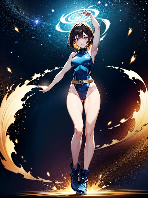 (((pixel-perfect, detail-perfect))), 1girl, superhero, leotard, highleg leotard, bare legs, boots, standing, solo focus, golden belt, spread arms, spins fast in place like a tornado, full body shot, outer space, sleeveless, ultra highres, absurdres, beauti...