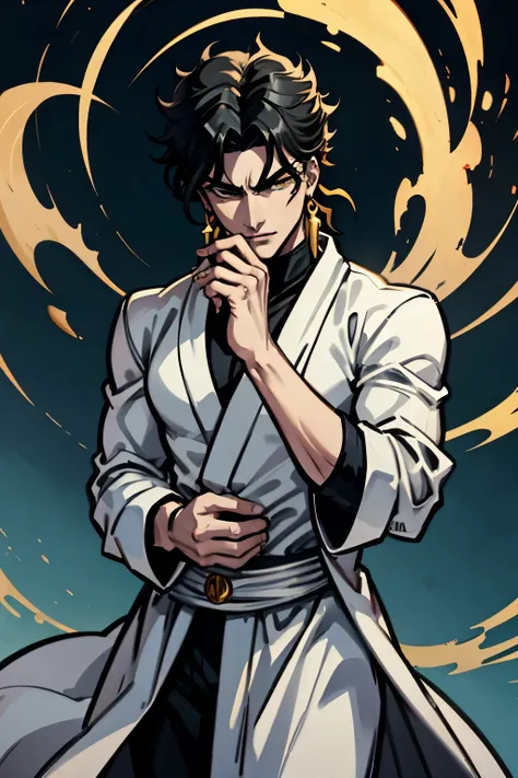 dio brando from jojos bizarre adventures, full black hair, skinny, white robe with black details, golden eyes, cyan sky background, by hirohiko araki