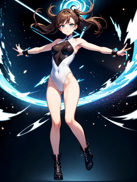 (((pixel-perfect, detail-perfect))), 1girl, superhero, leotard, highleg leotard, bare legs, boots, standing, solo focus, golden belt, spread arms, spins fast in place like a tornado, full body shot, outer space, sleeveless, ultra highres, absurdres, beauti...