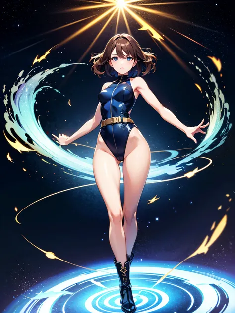 (((pixel-perfect, detail-perfect))), 1girl, superhero, leotard, highleg leotard, bare legs, boots, standing, solo focus, golden belt, spread arms, ((spins fast in place like a tornado)), full body shot, outer space, sleeveless, ultra highres, absurdres, be...