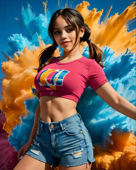 ((jenna_ortega_v4, jenna ortega, camiseta molhada, bigfaketits, shorts jeans rasgado)),master part,best quality,intrincado,aesth...