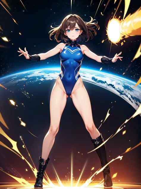 (((pixel-perfect, detail-perfect))), 1girl, superhero, leotard, highleg leotard, bare legs, boots, standing, solo focus, spread arms, ((spins fast in place like a tornado)), full body shot, outer space, sleeveless, ultra highres, absurdres, beautiful face,...