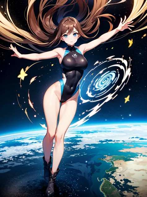 (((pixel-perfect, detail-perfect))), 1girl, superhero, leotard, highleg leotard, bare legs, boots, standing, solo focus, spread arms, ((spins fast in place like a tornado)), full body shot, outer space, sleeveless, ultra highres, absurdres, beautiful face,...